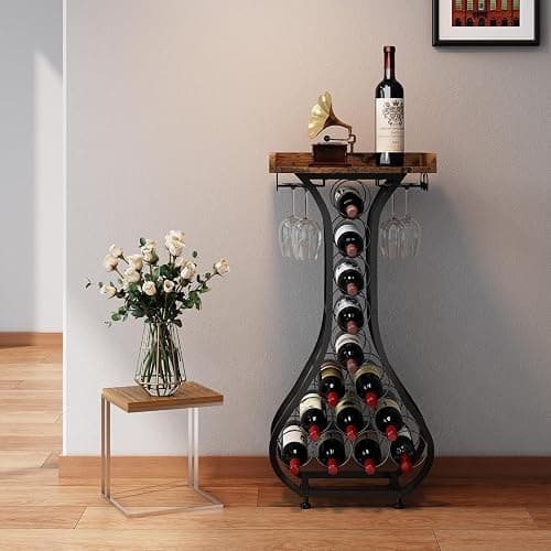 X-cosrack Wine Rack Freestanding Floor, Mini Bar Table Wine Holder Stand Liquor Cabinet with Glass Holder Wood Tabletop 14 Bottles Floor Wine Storage for Home Bar Kitchen Living Room (Patent Pending) thumbnail 2