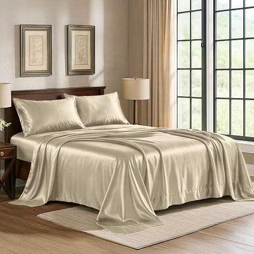 Satin Sheets Queen [4-Piece, Champagne Gold] Hotel Luxury Silky Bed Sheets - Extra Soft 1800 Microfiber Sheet Set, Wrinkle, Fade, Stain Resistant - Deep Pocket Fitted Sheet, Flat Sheet, Pillow Cases - Image 1