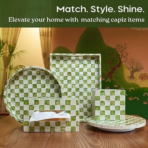CHI AN HOME 12" Checkered Lazy Susan for Tabletop, Handcrafted Mother of Pearl Turntable Organizer for Kitchen Counter, Coffee Table, Bathroom, Dining or Organizing (Pistachio Green) thumbnail 8