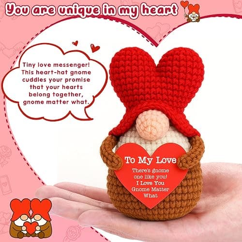 BackURyear Valentines Day Gifts for Her Him, to My Love Crochet Heart Gnome Wedding Anniversary Long Distance Gift for Boyfriend Girlfriend Wife Husband, Romantic Birthday Gift for Couple - Image 1