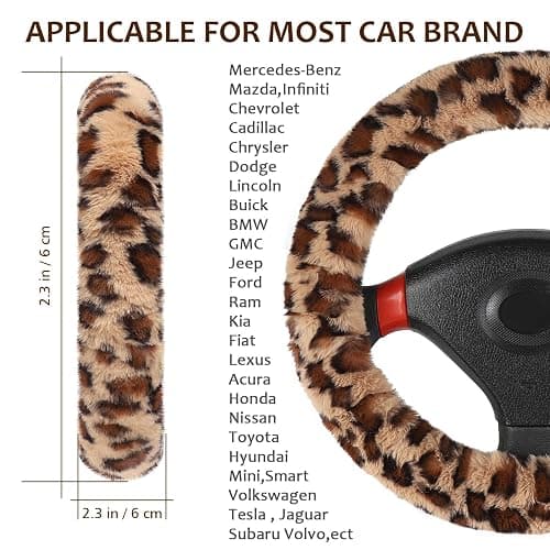 Accmor Fuzzy Car Steering Wheel Cover, Universal Fit Fur Auto Wheel Cover & Handbrake Cover & Gear Shift Cover Set, Leopard Warm Fluffy Vehicle Wheel Protector Car Accessories for Men Women (Brown) thumbnail 2