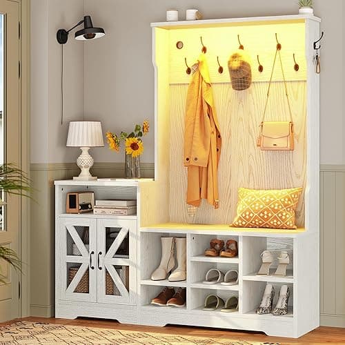 Itaar Hall Tree with Bench and Shoe Storage, Entryway Table, Entryway Furniture, 10 Compartments & 8 Double Hooks, Barn Door & Adjustable Shelf, Embossed White - Embossed White