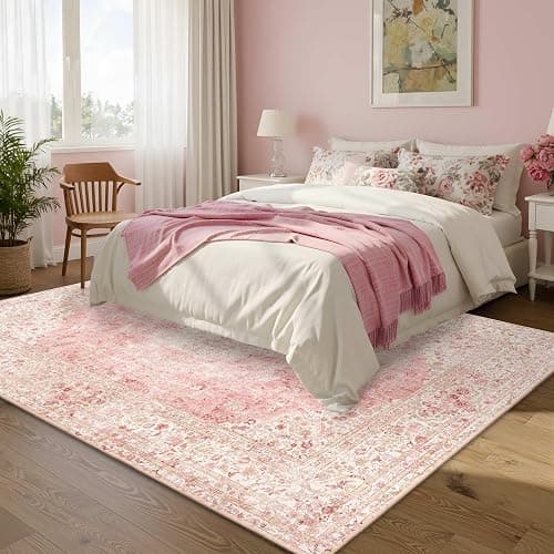 Latte&Fog Washable Pink Rug, Vintage 5x7 Area Rugs for Girls Bedroom,Living Room,Cute Nursery Dorm, Floral Non Slip Low Pile Soft Carpets for Classroom Kids Playroom Kitchen Dining Room Office thumbnail 4