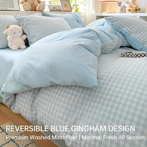 BOLINLIVING Gingham Duvet Cover Set Twin, Kids College Dorm Comforter Cover | Reversible Blue Plaid Checkerd, 68"x 90" with 1 Pillowcase,Soft Microfiber, Breathable, Zipper & 8 Ties, All Season,No insert thumbnail 2