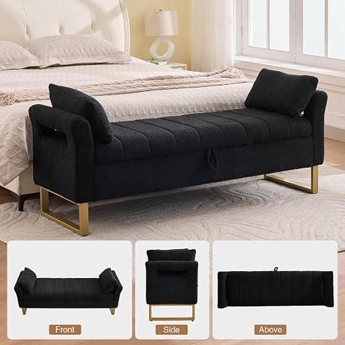66" Storage Bench for Bedroom Upholstered End of Bed Bench King Size Black | Long Bedroom Benches for Foot of Bed King,Teddy Storage Bed Bench with Gold Legs,2 Pillows for Entryway Windows Cloakroom thumbnail 7