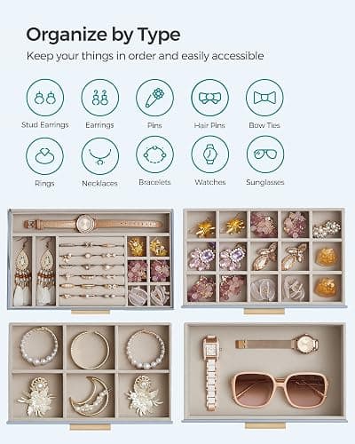 SONGMICS Jewelry Box Organizer with Glass Lid, 4-Layer Jewelry Storage, with 3 Drawers, Modern Style, 6 x 9.9 x 8.5 Inches, Smoky Blue and Gold Color UJBC161Q01 thumbnail 5