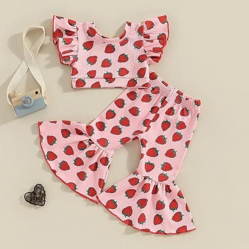 Honganda Fashion 2Pcs Toddler Baby Girl Strawberry Outfit Set Ruffle Short Sleeve Crop Top Flared Pants Summer Knit Clothes thumbnail 2