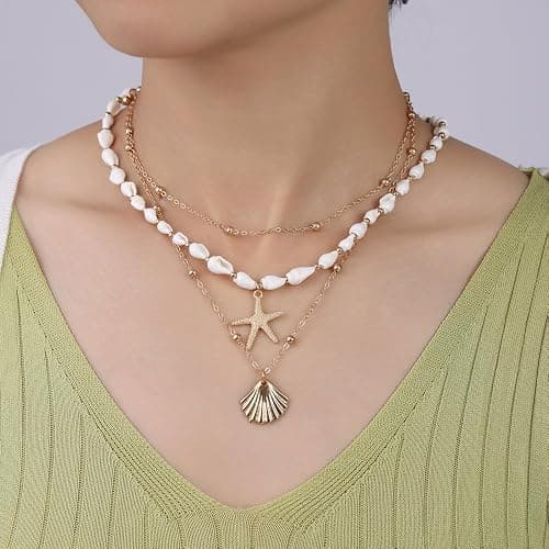 Seashell Starfish Necklace for Women Summer Pearl Beach Conch Shell 14k Gold Layered Dainty Choker thumbnail 2