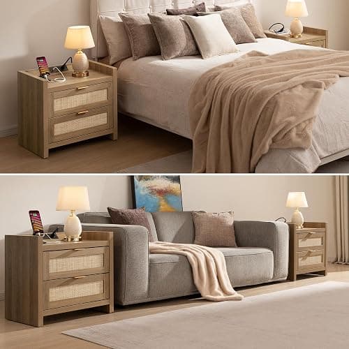 SICOTAS Night Stand Set of 2 - Rattan Nightstands with Type-C Charging Station, 2 Rattan Drawers - Boho Bed Side Tables End Table for Small Space - Natural Oak thumbnail 7