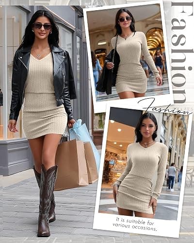 Oakgarden Women's Pullover Sweater Dress Long Lantern Sleeve Ribbed Knit V Neck Ruched Bodycon Mini Dress 2025 Fashion thumbnail 5