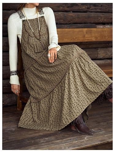 SOLY HUX Women's Floral Corduroy Overall Dress Retro Sleeveless Tiered Layer Flowy Long Pinafore Dresses thumbnail 2