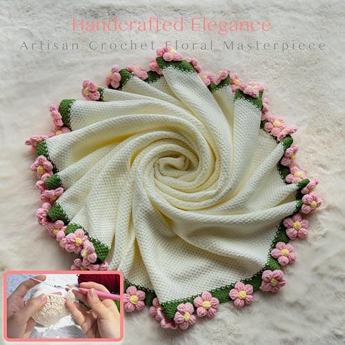 EIGHTOWN 43'' Crochet Flowers Rose Bouquet Blanket Finished - Handmade Knitted Throw Blanket with Pink Puff Flowers - Home Décor Ideal Women Gift for Mom - Mother's Day Birthday Valentine's Day thumbnail 5