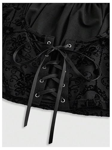 Verdusa Women's Gothic Flare Sleeve Flower Pattern Tops Velour Cross Lace-up Waist Crop Tops - Small - Black thumbnail 3