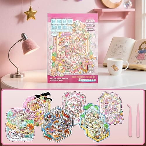 WEINSYT 3D Sticker Scene Book for Adults - 2-Book Set Cute Sticker Books with Scenes, DIY Miniature Scene Sticker Books, Stress Relief Activity Kit with Tweezers & Clips Included thumbnail 6