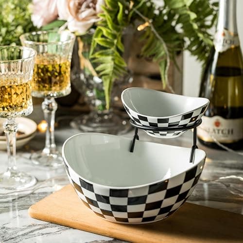 Miamolo Tiered Serving Bowls Chip and Dip Serving Set with Stand, Ceramic Appetizer Serving Dishes Platters and Trays for Parties Entertaining - Checkered Kitchen Decor thumbnail 4