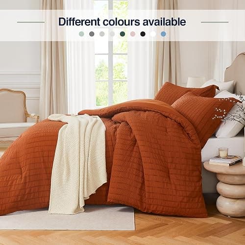 Quataly Queen Comforter Set Seersucker Lightweight Bed Set for All Season | 3PCS Burnt Orange Terracotta Bedding Set with 1 Elegant Comforter (90"x90") and 2 Soft Pillowcases (20"x30") thumbnail 6