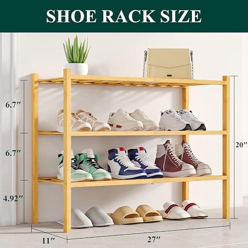 Smiry Shoe Rack, 3 Tier Bamboo Shoe Organizer, Stackable Free Standing Wooden Shoe Storage Shelf for Closet, Entryway, Front Door Entrance, Natural thumbnail 2