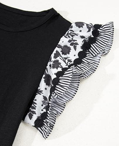 SELINK Womens Summer Ruffle Short Sleeve Top Crewneck T Shirts Floral Trim Casual Blouses thumbnail 5