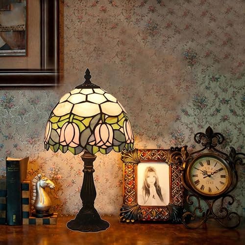 tuomoxte Tiffany Style Table Lamp, Pink Tulip Stained Glass Lamp, 8 Inch Small Antique Lamp, for Bedside Nightstand Bedroom Living Room Home Office, Include LED Bulb thumbnail 4