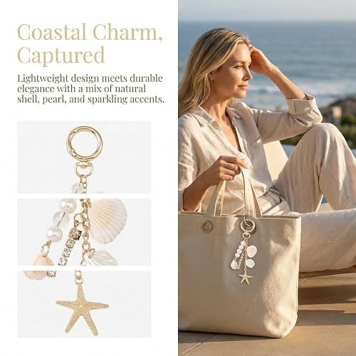 OKKRMGZ Beach Keychain with Gold Starfish and Seashell Charms Coastal Bag Charm Keychains for Women Cute Beachy Purse Accessories Sea Shell Travel for Ocean Lovers and Coastal Vibes thumbnail 3