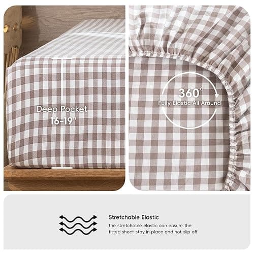 MooMee Gingham Sheet Set 100% Washed Cotton Linen Like Textured Breathable Soft w/Fully Elasticized 16-19" Deep Pocket (Classic Gingham Brown, Queen) thumbnail 5
