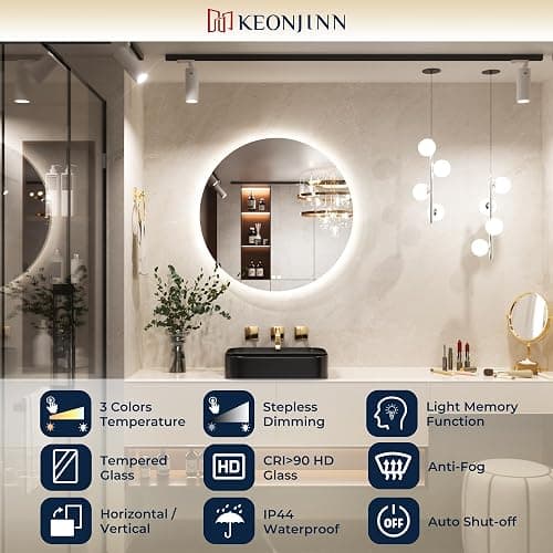 Keonjinn Badspiegel mit Beleuchtung Rund 70cm, Badezimmerspiegel mit Beschlagfrei Touch Schalter Speicherfunktion 3 Lichtfarben Dimmbarer LED Bad Spiegel Ohne Rahmen Badezimmer Wandspiegel thumbnail 6