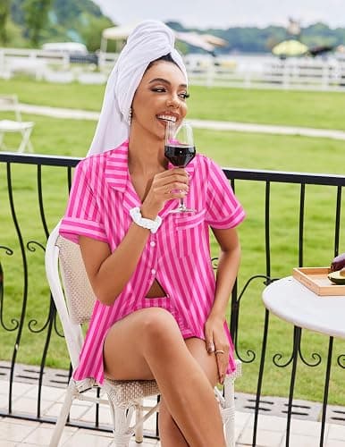 Ekouaer Womens Silk Satin Pajamas Sets 2 Piece Short Sleeve Sleepwear Button Down Top and Shorts Pjs Lounge Wear Sets thumbnail 5