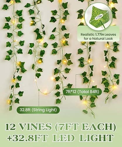 KASZOO 84Ft 12 Pack Artificial Ivy Garland Fake Plants, Vine Hanging Garland with CE Certified 80 LED String Light, Hanging for Home Bedroom Garden Party Wedding Wall Room Decor, Green thumbnail 6
