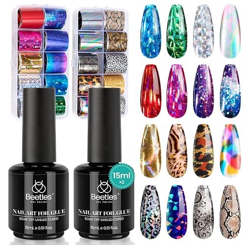 Beetles Nail Foil Art Kit, 20 Pcs Nail Foils Transfer with 30ml Nail Foil Glue Gel for Nails - Metal Holographic Leopard Stickers Gels Nail Polish Set LED Lamp Required Soak Off Manicure Nails Art DIY - Image 1