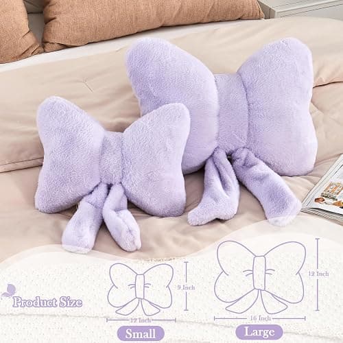 XVTRU Lavender Bow Pillow, Soft Bow Decorative Pillows with Faux Rabbit Fur, Cute 12" Bow Throw Pillows, Aesthetic Home Decor Bow Shaped Plush Pillow for Bedroom Sofa Couch thumbnail 3