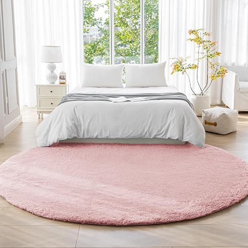 Amazon Basics Fluffy Washable Round Area Rug, Circle Shaggy Carpet for Living Room, Bedroom, Nursery, 5'R, Pink thumbnail 2
