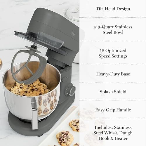 Martha Stewart Stand Mixer, 12 Speed, Tilt-Head, 5.3QT Stainless Steel Bowl, Splash Guard with Pour Chute, Whisk, Dough Hook, Flat Beater, Electric Kitchen Baking Mixer, Bread, Cake, Whip, Caviar Gray thumbnail 10