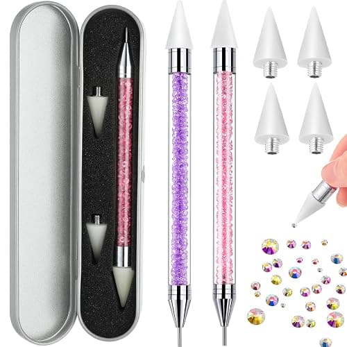 2 Pieces Rhinestone Picker Dotting Pen, Dual-ended Rhinestone Gems Crystals Studs Picker Wax Pencil Pen Crystal Beads Handle Manicure Nail Art DIY Decoration Tool (Pink Purple) - Image 1