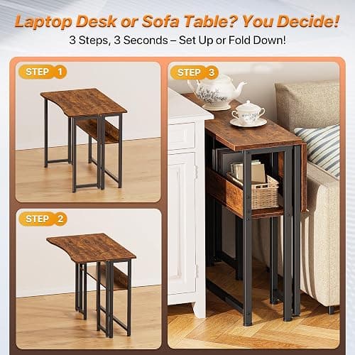 Huuger Folding Desk with Storage Shelf, 31.5 Inch Foldable Computer Table for Small Spaces, Space Saving Sofa Table for Couch, Writing Work Office Computer Desk, Easy to Fold, Rustic Brown thumbnail 4