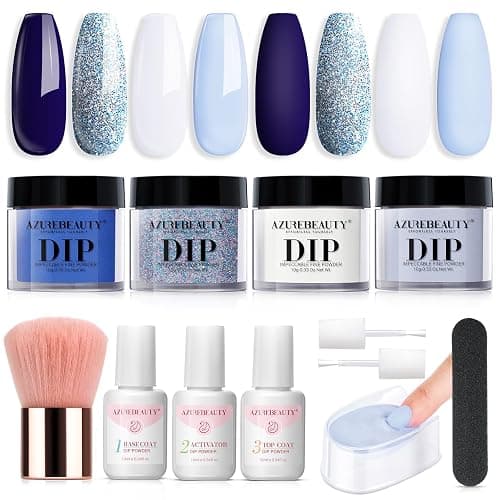 AZUREBEAUTY Dip Powder Nail Kit Winter White Navy Blue Glitter 4 Colors Acrylic Dipping Powder Liquid Set with Base/Top Coat Activator for French Nail Art Manicure DIY Gift for Women - Image 1