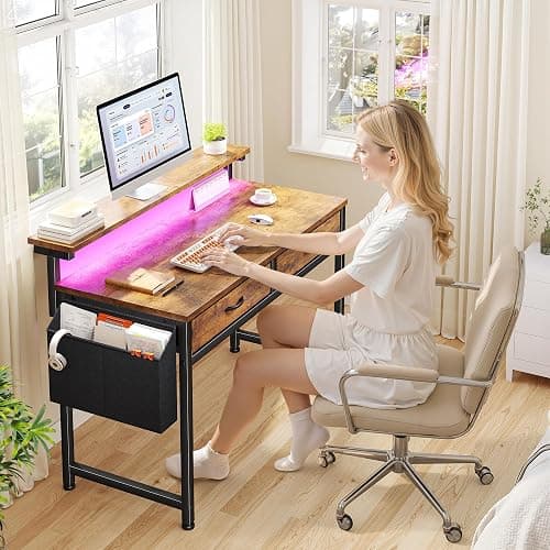 DurayLoly Gaming Desk with 2 Drawers &LED Lights,Space Saving,Rustic Brown | Computer Desk with Ergonomic Monitor Stand,Office Desk with Side Pocket and Hook,Study Writing Table for Small Spaces thumbnail 4