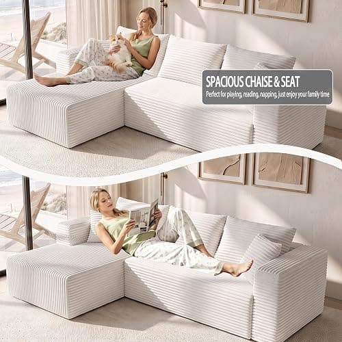 93" Modular Cloud Couch, Convertible L-Shaped Sectional Sofa with Chaise & Deep Seat, Corduroy Boneless Couches for Living Room Apartment, No Assembly - Beige (Left Facing Chaise) thumbnail 4