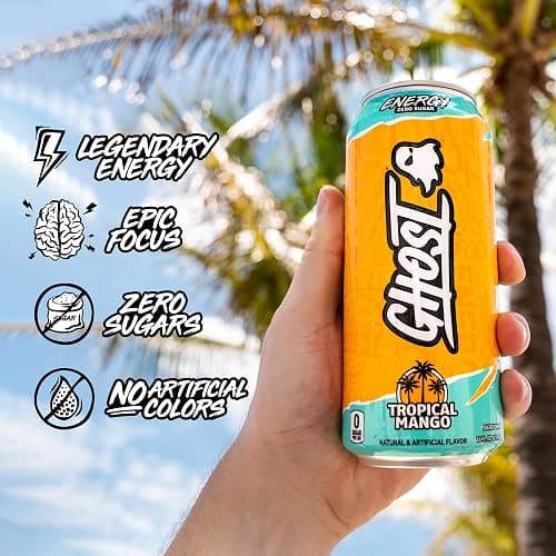 GHOST Energy Drink - 12-Pack, Tropical Mango, 16oz Cans - Energy & Focus & No Artificial Colors - 200mg of Natural Caffeine, L-Carnitine & Taurine - Gluten-Free & Vegan thumbnail 4