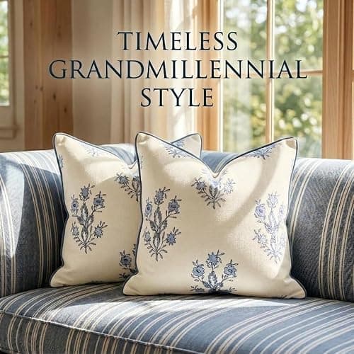 Jillien Harbor “The Mary” Blue and White Decorative Throw Pillow Cover – Floral Block Print Pillow Cover – Grandmillennial Home Decor, 19" x 19" thumbnail 2