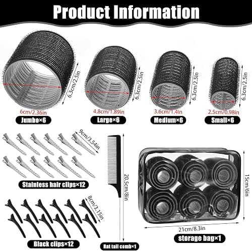 4 Sizes Self-Grip Hair Rollers Set - 50 Pcs Jumbo Curlers for Long, Short Hair and Bangs (25mm, 36mm, 48mm, 60mm) With Clips, Black thumbnail 2