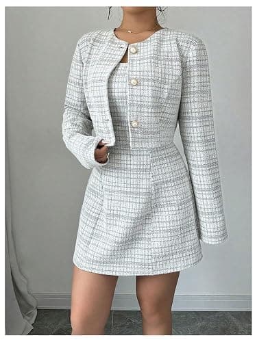 SOLY HUX Women's 2 Piece Plaid Long Sleeve Button Cropped Jacket Dress Set | 2 Piece Outfits, Tweed Set, Button Down, Sleeveless Mini Dress Sets thumbnail 4