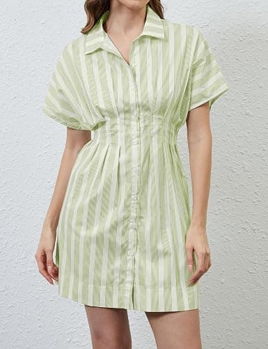 Ceputer Summer Button Down Shirt Dress for Women Short Sleeve Pleated Mini Dresses Causal A Line Flowy Corset Short Dress thumbnail 2
