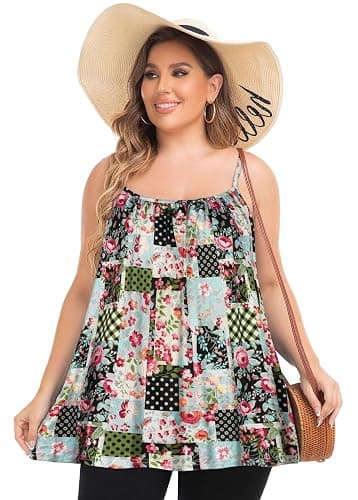Plus Size Tank Tops for Women Boho Floral Loose Cami Spaghetti Strap Tunic Blouses thumbnail 6