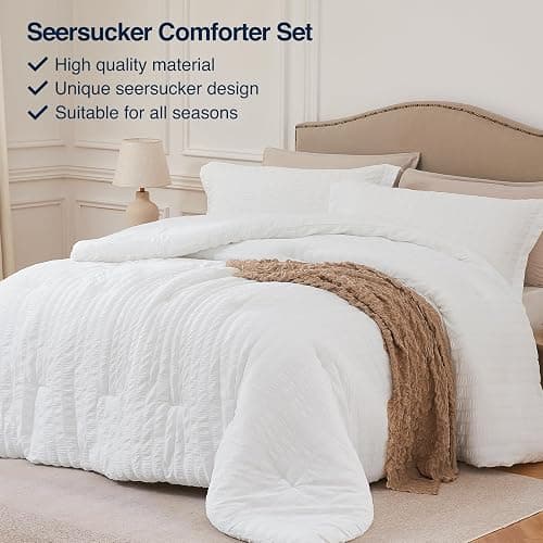 Quataly White Queen Comforter Set - 3 Pieces Seersucker Lightweight Bedding Comforter Sets (1 Soft Fluffy Comforter & 2 Pillowcases) - All Seasons Cozy Modern Bed Sets thumbnail 2