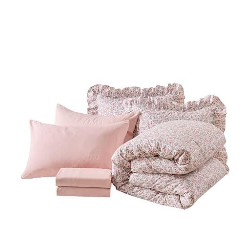Veniklo Queen Comforter Set 7 Pieces Floral Pink Ruffle Bedding Set | Soft pre-washed fabric, shabby chic ruffle bedding, reinforcing ruffles, all season bed in a bag for bedroom, breathable thumbnail 9