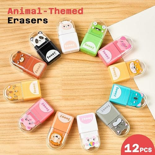 Sooez 12 Pack Pencil Erasers, Cute Animal Eraser with Clean up Roller and Cover, Latex-Free, Bulk Art Drawing Erasers for Students & Teacher Classroom/School Supplies, Party Favor thumbnail 7