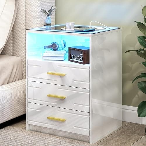 JDPAG High Gloss LED Nightstand with Charging Station & 3 Color Dimmable Light Modern for Bedroom White, Smart Bedside Table with 3 Drawers & USB Type-C Port for Home thumbnail 6