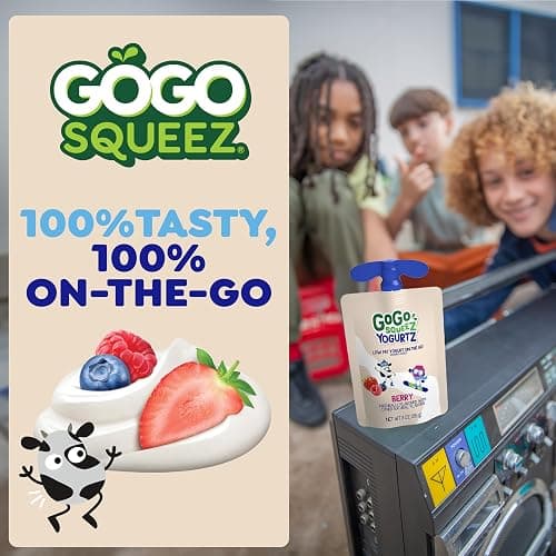 GoGo squeeZ Low Fat YogurtZ Variety Pack, 3 oz Pouches, 20 Count | Kids snack, blueberry & berry flavor, real yogurt & fruit; no fridge needed, gluten and nut free, recloseable cap, BPA-free thumbnail 7
