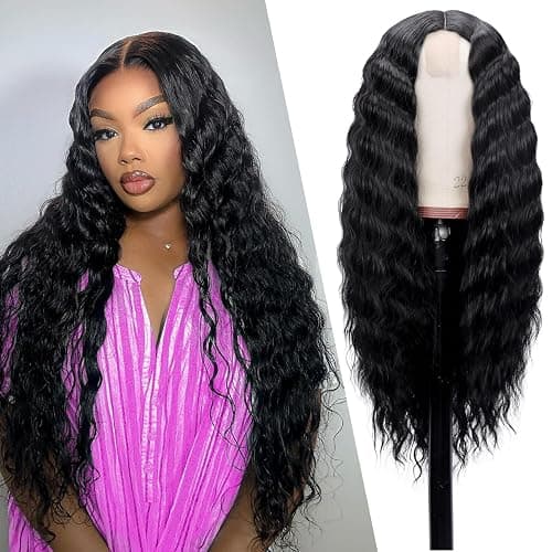 Mairead 28 Inch Long Curly Synthetic Lace Front Wigs for Black Women Loose Deep Wave Black Synthetic Wig Middle Part 4" Simulated Scalp Small Lace Front Wigs Natural Looking Crimps Curls Wig - Image 1