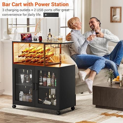 Girapow Small Bar Cart with Wheels, Liquor Cabinet with LED Light, Wine Bar Cabinet with Power Outlets, Home Mini Bar with Wine Rack, Glasses Storage for Kitchen, Dining Room, Living Room, Black - Black thumbnail 5